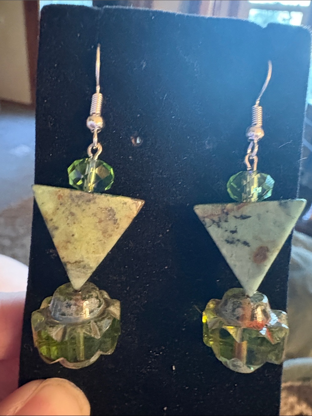 Hand Crafted Chech Glass, Triangle Stone & Crystal Drop Earrings